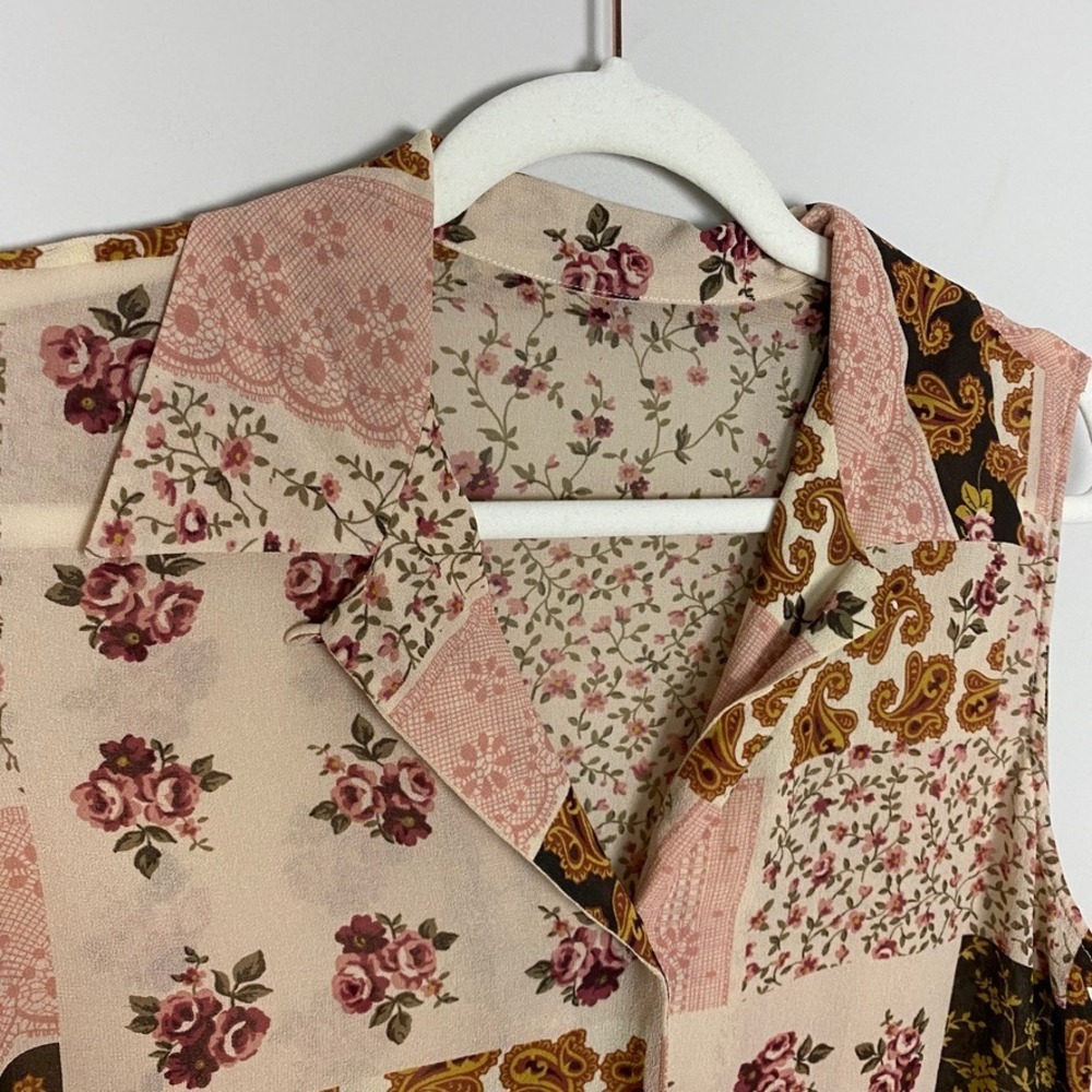 Silk Patchwork Sleeveless Button Top Pink Coquett… - image 3